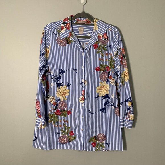 Chico's Tops - Chicos No Iron Blue White Striped Floral Button Down Shirt Womens Size 2 12/14